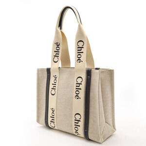 Chloe Shoulder Tote Bag Navy Canvas Blue Beige Woody